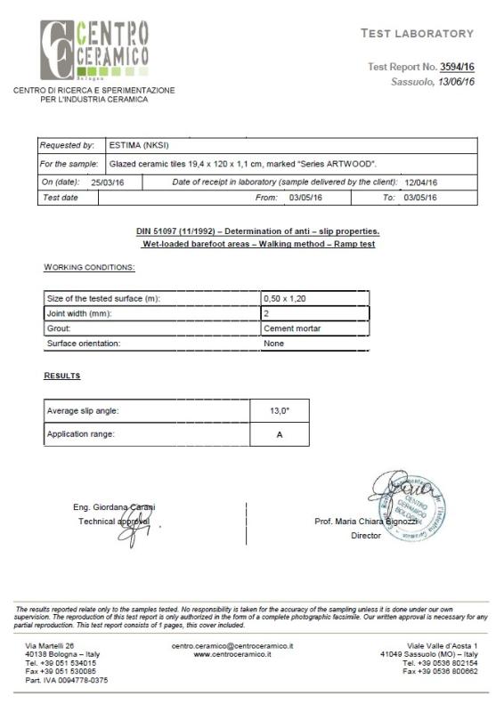 Сертификат противоскольжения коллекции AW CV LM MS RS TF